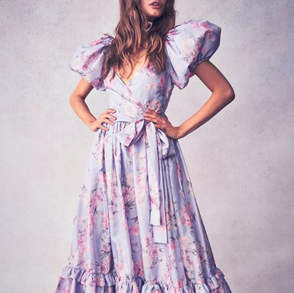 Lilac Floral Puff Sleeve High Waist Surplice Maxi Dress with Bow